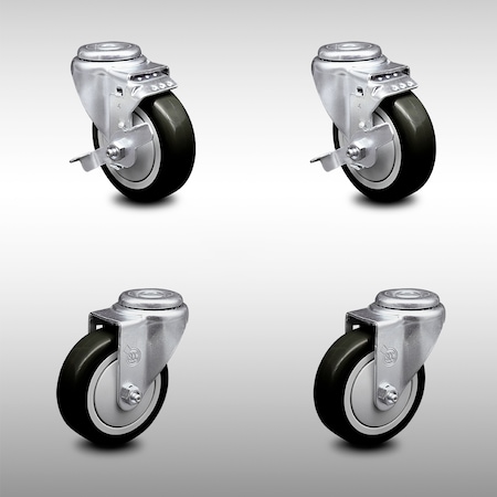 Service Caster 4 Inch SS Black Polyurethane Wheel Swivel Bolt Hole Caster Set with 2 Brake SCC SCC-SSBH20S414-PPUB-BLK-TLB-2-S-2